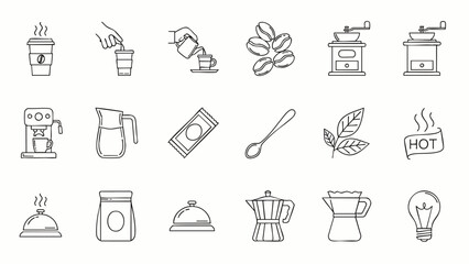 Collection of hand-drawn coffee-related icons, illustrating various aspects of brewing, serving, and enjoying the popular beverage, perfect for cafe branding.