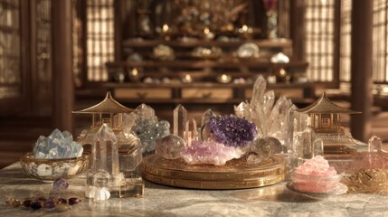 A beautiful arrangement of colorful crystals and gemstones displayed on a marble tabletop. The warm wooden background adds to the tranquil atmosphere. Various shapes and sizes create visual interest.