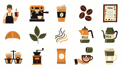 A vector illustration showcasing a variety of coffee-related elements, from beans and brewing equipment to takeaway cups and barista, perfect for cafe branding.
