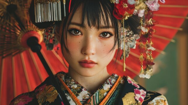 A young woman wears an ornate traditional outfit adorned with vibrant colors and flowers. She holds a stunning umbrella exuding elegance and grace in a peaceful environment.