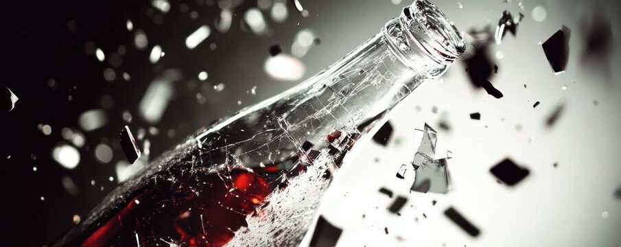Shattered glass bottle explodes, dark background, red liquid splashes. Stock photo