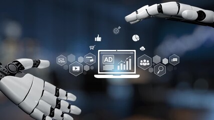 A futuristic scene depicting a robotic hand reaching towards a laptop that displays various digital marketing icons, symbolizing technology and innovation in business. Synapse - Powered by Adobe