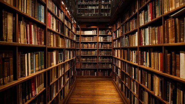 Stunning library interior with wooden shelves lined with vintage books for book lovers and scholars