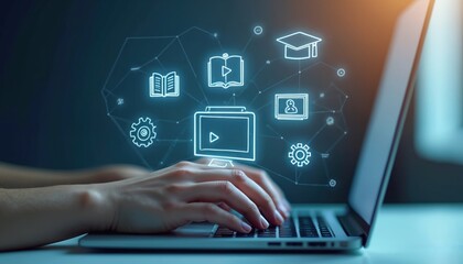 Person using computer for online education. Student studying remote e-learning course with digital hologram icons. Concept of internet webinar, knowledge, graduation, skill development training.