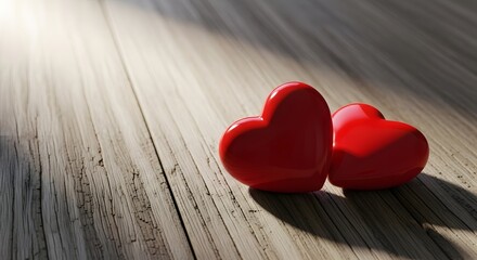 Fototapeta premium Two red hearts bathed in warm sunlight on a rustic wooden surface