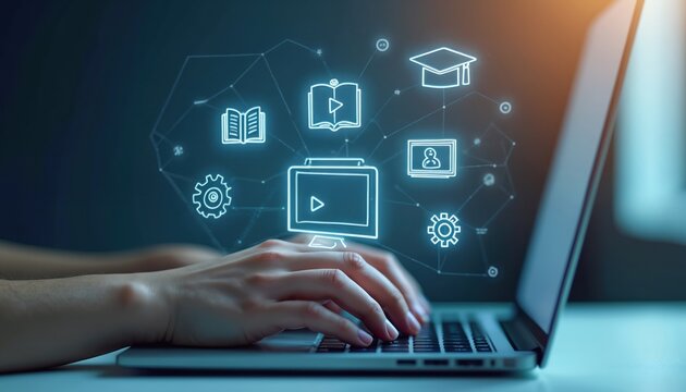 Person using computer for online education. Student studying remote e-learning course with digital hologram icons. Concept of internet webinar, knowledge, graduation, skill development training.