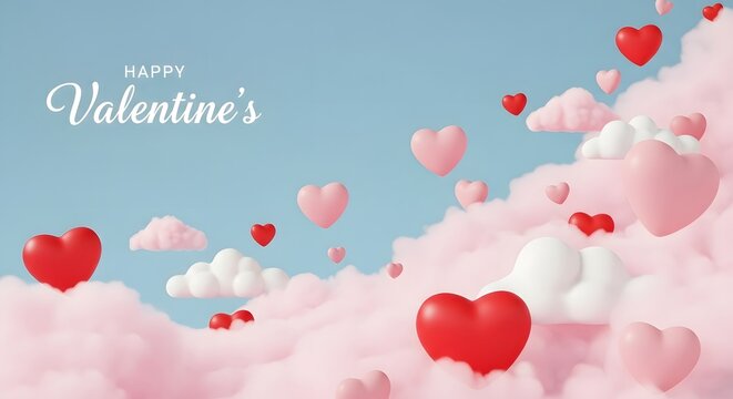 Whimsical valentine s day heart balloons floating amongst dreamy pink clouds - Powered by Adobe