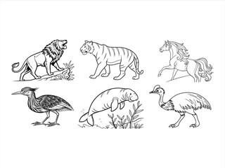 coloring page line art the bird and animal black vector bundle
