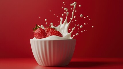 A delightful splash of milk over fresh strawberries in a white bowl against a vibrant red backdrop, creating a visually appealing dessert scene