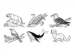 coloring page line art the bird and animal black vector bundle