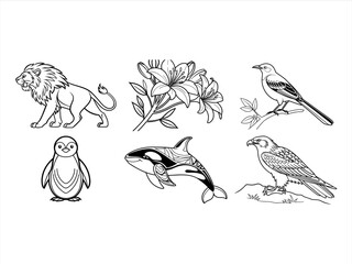 coloring page line art the bird and animal black vector bundle