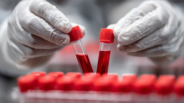 A skilled technician wearing gloves focuses on transferring red liquid samples in test tubes. The bright color highlights the importance of laboratory work in health and research