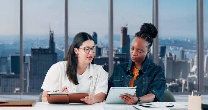Creative, women and meeting with tablet in office for discussion, review article and manuscript. People, team and talking with documents for headline feedback, proofreading story and publication post