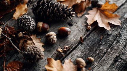 Autumn forest floor with pine cones acorns and fallen leaves on wood