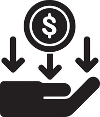 Black and white icon representing money or finance concept with arrows pointing down to hand