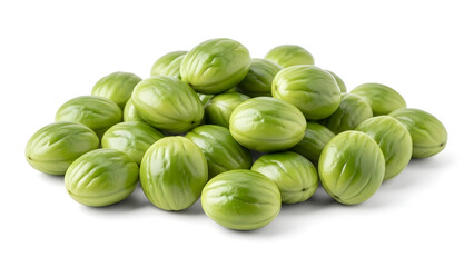 A large pile of fresh, vibrant green garden eggs, also known as African eggplant, neatly arranged on a pristine white background.