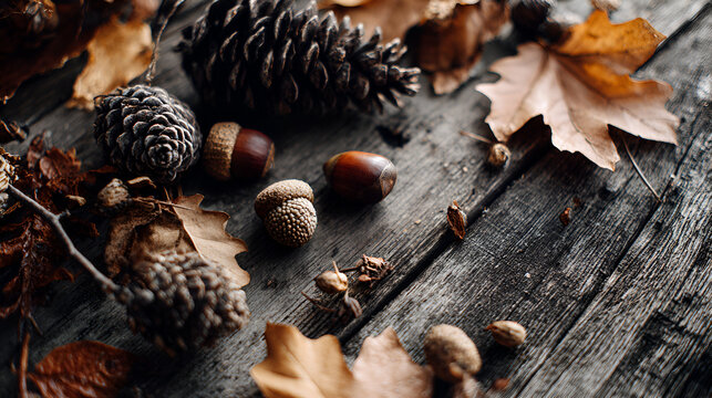 Autumn forest floor with pine cones acorns and fallen leaves on wood