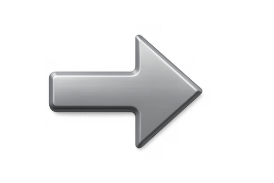 Metallic gray arrow pointing right, indicating direction, next, forward, moving, transparent background