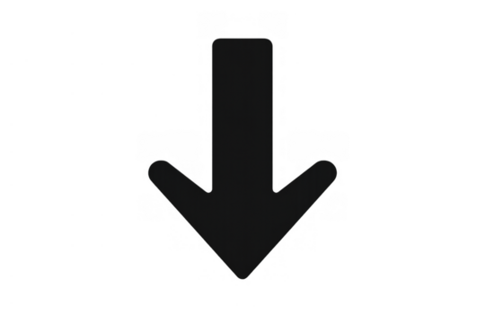Black downloading arrow icon pointing down for web, app, user interface, or button design on transparent background
