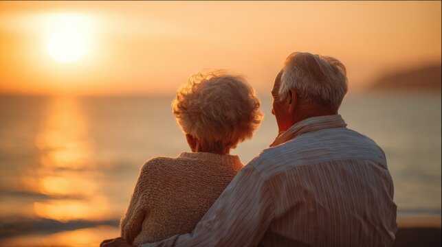 An elderly couple sits side by side on the beach gazing at the sunset. Soft waves lap at the shore as the sun sets creating a warm and serene atmosphere.