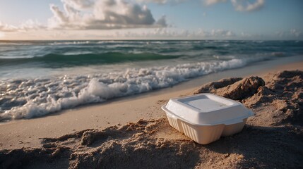 Food Container on Beach with Ocean Waves at Sunset Coastal Litter