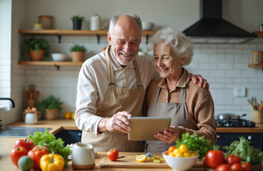 Happy senior couple uses tablet together in kitchen to cook. Smiling elderly man and woman preparing healthy meal with fresh vegetables and fruits. They love and support each other.