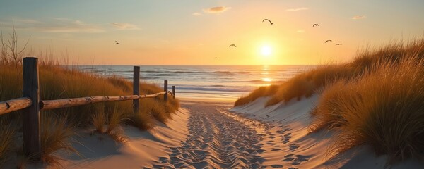 Obraz premium Footprints trail across sand towards the ocean. Coastal pathway leads to the sea under a golden sunset sky. Nature illustration features beach grass and wooden fence.