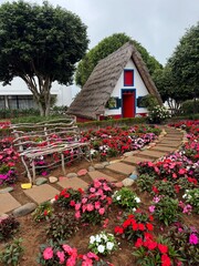 Traditional house with Atlantic Ocean in the background in the village of Santana on Madeira island, Portugal