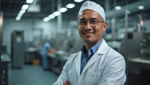 Smiling man in white coat and hat poses at food processing facility. He works as quality control manager in the factory. Indoor shot of pro man.