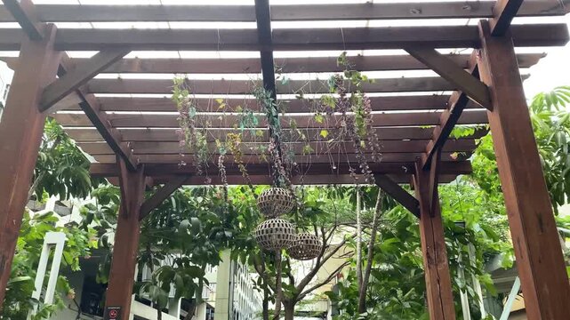 Wooden pergola covered with vines and bamboo lanterns swaying in the breeze.