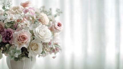 Obraz premium Elegant bouquet of pastel roses and mixed flowers in a white vase, set against a soft, blurred background.