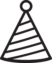 Simple black and white outline icon of a striped party hat
