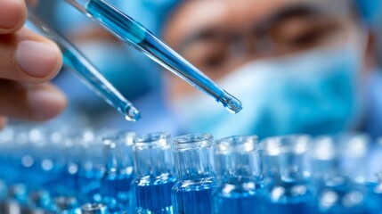 A focused researcher in a blue mask and gloves uses a pipette to fill glass vials with shimmering blue liquid. The environment is bright and sterile, reflecting a busy lab scene