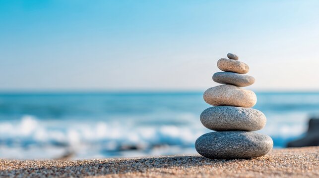 A tranquil beach scene features a carefully balanced stack of stones on sandy shore. Calm ocean waves gently lap against the beach under a clear sky.