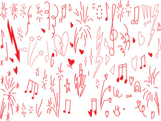  hand-drawn vector doodles in red and white. The doodles feature a variety of celebratory and musical motifs, 