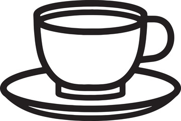 Simple black and white line art icon of a coffee cup and saucer