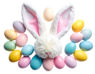 Top-Down Easter Bunny Ears with Colorful Eggs, Transparent Background.