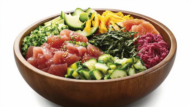 Vibrant poke bowls with fresh tuna, vegetables and nori seaweed arranged in rows on white