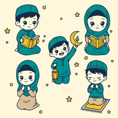 Cute Ramadan character set featuring cute boy and girl characters praying, holding lanterns, and reading the Quran. Perfect for family-themed projects, educational materials, posters, and stickers