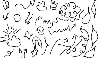 Hand drawn doodle elements arrows shapes and symbols in black and white