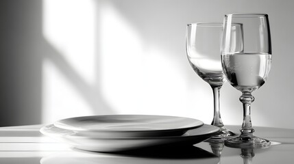 Elegant Table Setting with Plates and Wine Glasses in Black and White.