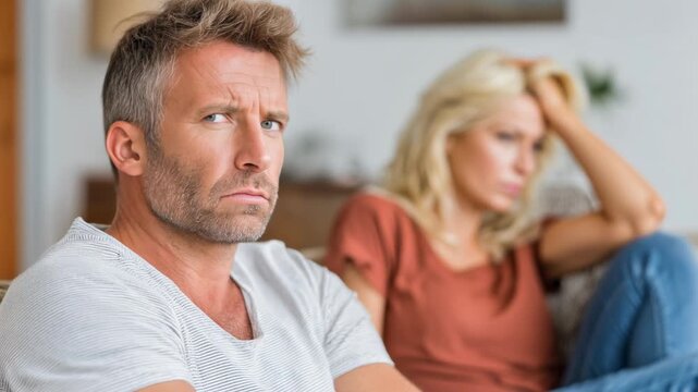 Emotional tension between couple in modern living room, reflecting relationship struggles