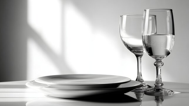 Elegant Table Setting with Plates and Wine Glasses in Black and White.