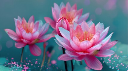 Colorful pink water lilies float gracefully on a calm pond. Sunlight dances on the water's surface creating a peaceful atmosphere during midday.
