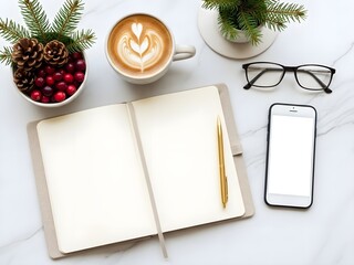 Winter Office Flat Lay with Notebook, Coffee, and Cranberries