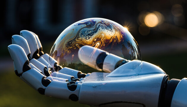 Digital Harmony: A robotic hand tenderly cradles a soap bubble, reflecting a vibrant microcosm of the world, against a backdrop of classic architecture.