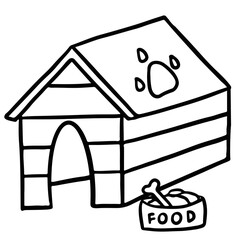 Hand drawn outline of dog home with food bowl, bone for pet shop, vet, animal, puppy, house backyard, department store, supermarket, paw friend, sticker, architecture, foster, outdoors, colouring book
