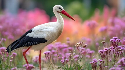 Fototapeta premium Elegant White Stork Standing Gracefully Amidst a Vibrant Field of Purple Flowers.