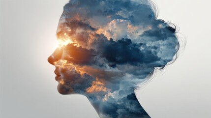 A creative visualization shows a woman's profile filled with dynamic clouds and a glowing sunset. This artwork highlights the connection between nature and human emotion evoking imagination.