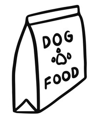 Cute hand drawn outline of dog food bag for decoration, dog cartoon, comic, pet shop, vet, adopt and rescue animal, foster home, house, outdoor, backyard, grocery shopping, supermarket, colouring book